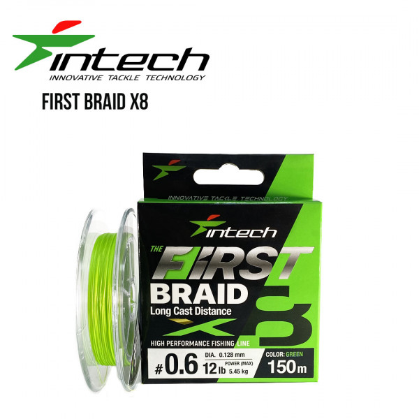 На фото Шнур плетений Intech First Braid X8 Green 150m